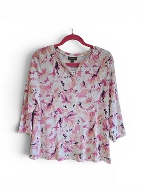 Style & Co. Pink Floral Henley 3/4 Sleeve Top Size Large